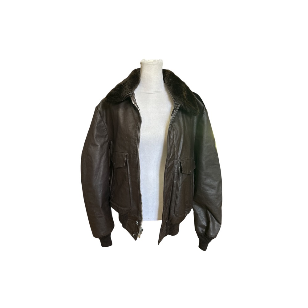 Oakton Limited Mens Vintage Leather Flight Bomber Jacket Brown Faux Fur Collar M